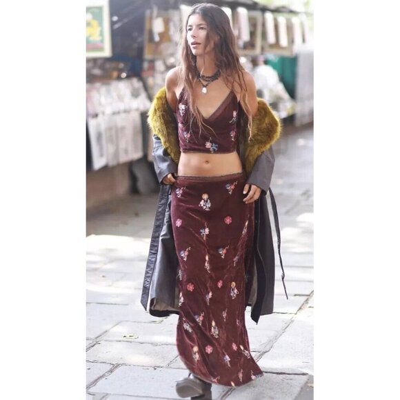 Free People Sz M Sonja Skirt Tank Set Maxi Brown Velvet Floral Boho Festival New - Picture 2 of 10
